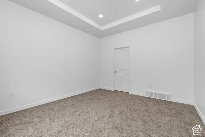 Room interior featuring a tray ceiling, recessed lighting, neutral carpeting, and a two-panel interior door
