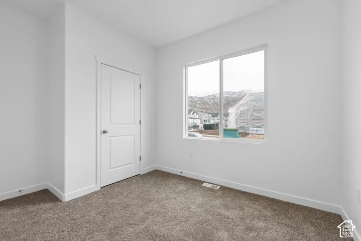 Neutral-toned carpeted flooring, two-panel interior door, and large sliding window with mountain scenery