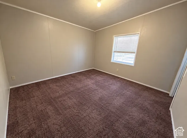 Neutral-toned wall panels, wall-to-wall carpeting, and a single-pane window with horizontal blinds