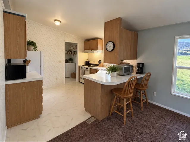 Kitchen featuring wood cabinetry, white solid-surface countertops, a peninsula with bar seating, and a walk-in pantry