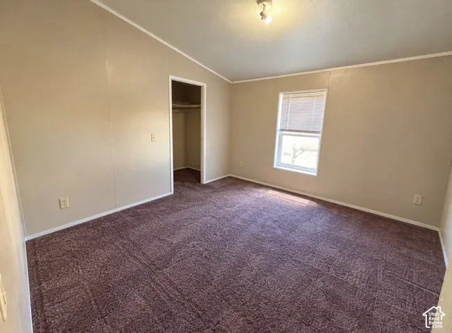 Interior space featuring vaulted ceilings, neutral wall tones, carpeted flooring, and a walk-in closet