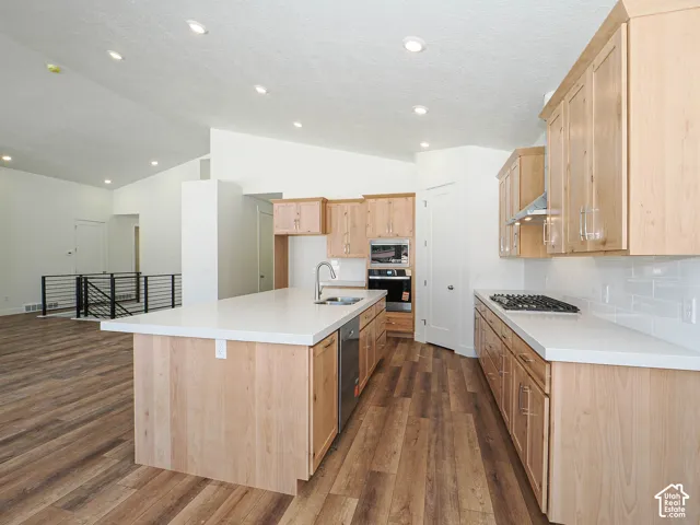 Kitchen featuring light-finish cabinetry, white solid-surface countertops, wood-finish flooring, built-in stainless steel oven, and recessed lighting