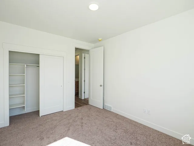 Neutral wall tones featuring carpeting, a sliding closet door, integrated shelving, and solid-core doors