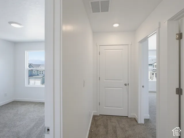 Interior hallway with neutral carpeting, recessed ceiling lighting, and solid-core two-panel doors