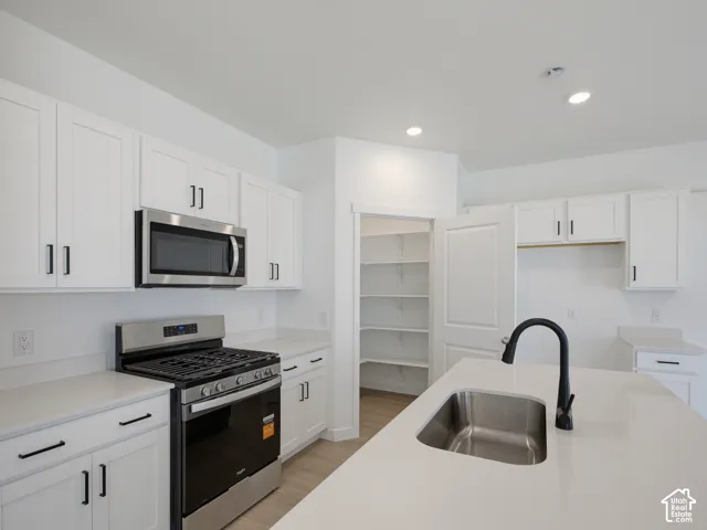 Kitchen featuring white shaker-style cabinetry, a stone-finish countertop, stainless steel appliances, a kitchen island with an undermount sink, and a walk-in pantry