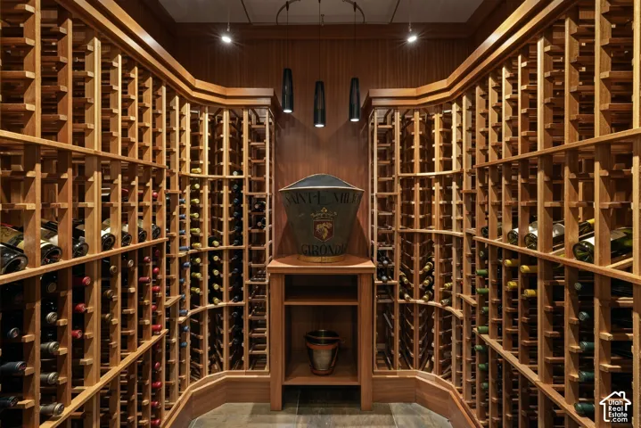 Climate-controlled wine cellar featuring custom wood cabinetry, extensive lattice racking, built-in display shelving, and pendant lighting