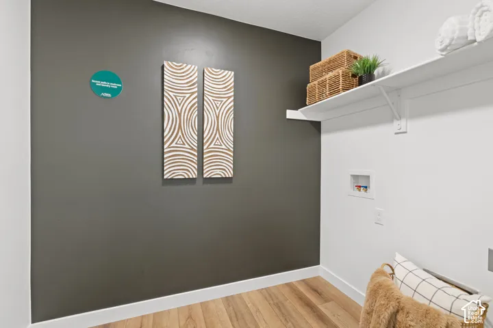 Wood-finish flooring, charcoal accent wall, and white wall-mounted shelving