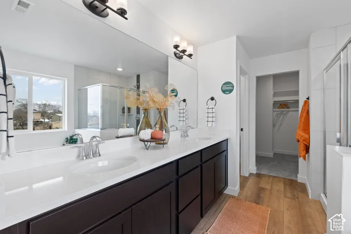 Dual-sink vanity with dark cabinetry and solid-surface countertop, full-width wall mirror, wood-finish flooring, and walk-in closet