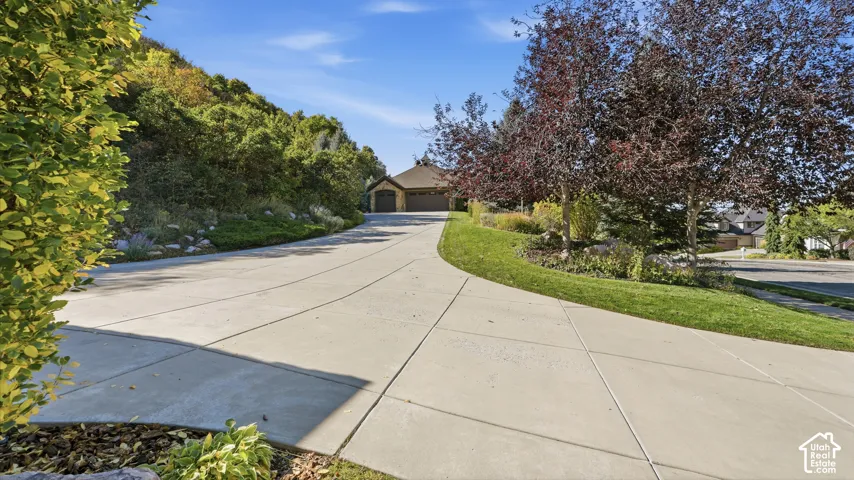 Concrete driveway leading to a multi-car garage, complemented by mature landscaping, stone exterior accents, and sloped terrain