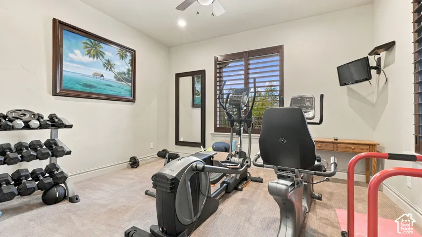 Interior room featuring neutral wall paint, carpeted flooring, a ceiling fan with integrated lighting, and plantation shutters