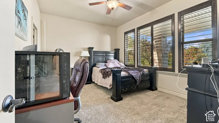 Room featuring neutral carpeting, triple window configuration with dark-framed plantation shutters, and a central ceiling fan with an integrated light fixture