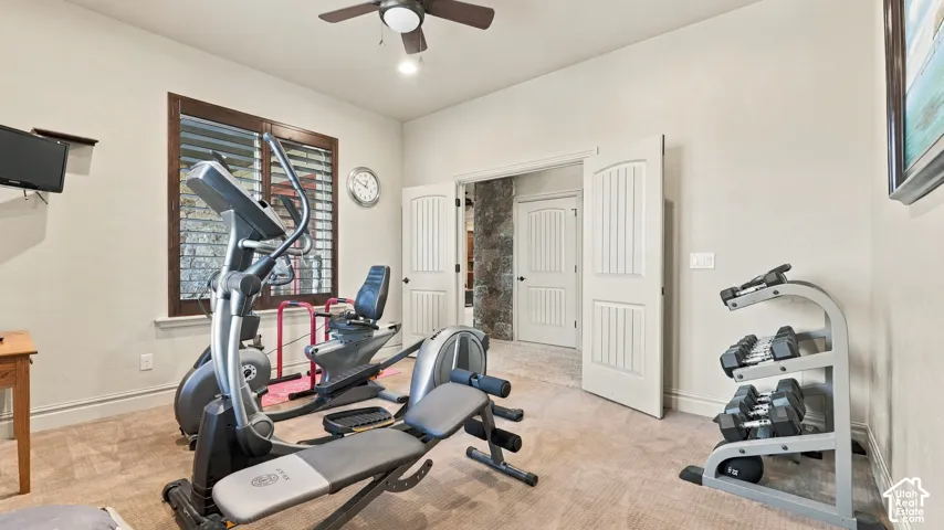 Room featuring neutral wall tones, plush carpeting, double-panel interior doors, and a ceiling fan with integrated lighting