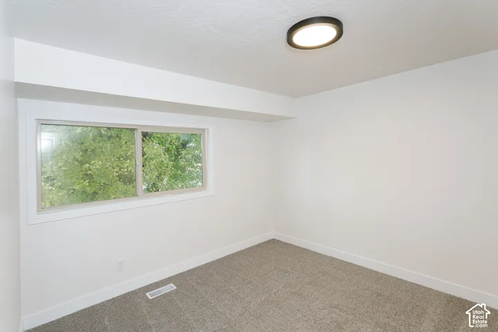 Interior room featuring neutral wall-to-wall carpeting, crisp white walls, a horizontal sliding window, and a circular flush-mount ceiling light