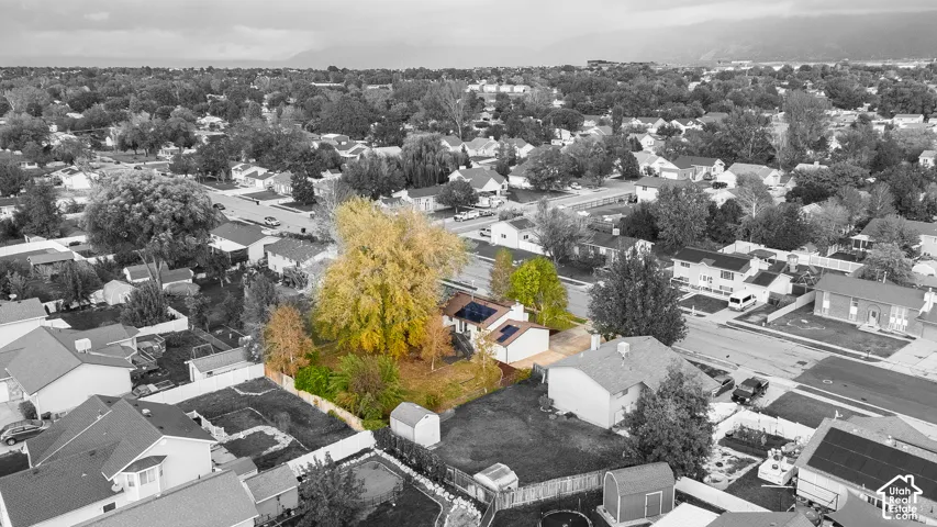 Aerial perspective of a property featuring solar panel arrays, a concrete driveway, a detached storage structure, and established mature trees