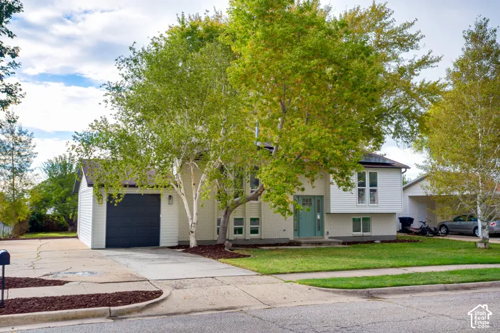 Split-level exterior featuring light-toned horizontal siding, a concrete driveway, an attached garage, and a covered carport