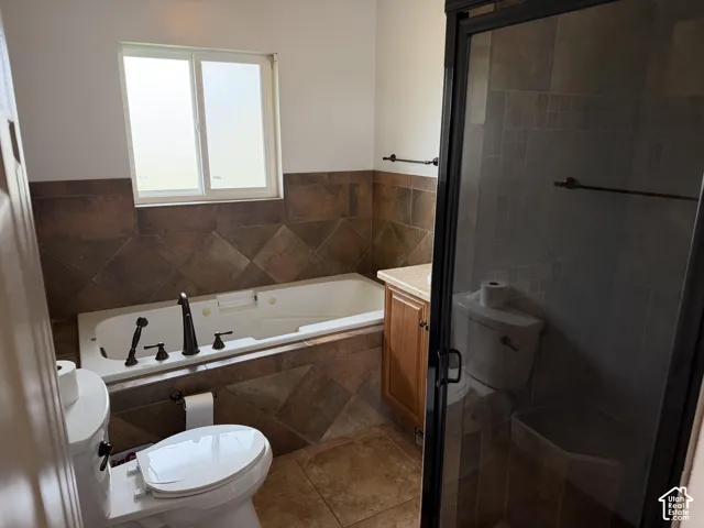 Bathroom featuring a soaking tub, separate glass-enclosed shower, tile surround, and wood-finish cabinetry