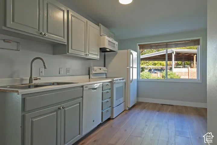 Kitchen featuring light-toned cabinetry, wood-finish flooring, a stainless steel dual-basin sink with a gooseneck faucet, and a large picture window