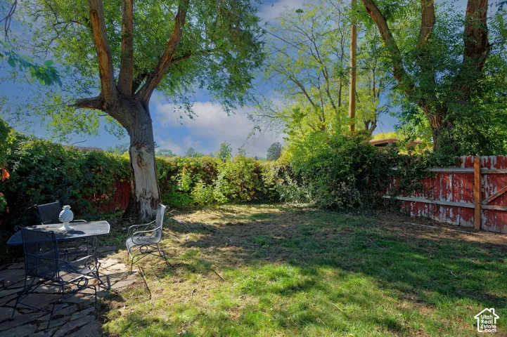 Private backyard featuring a stone patio, mature trees, and a wooden perimeter fence