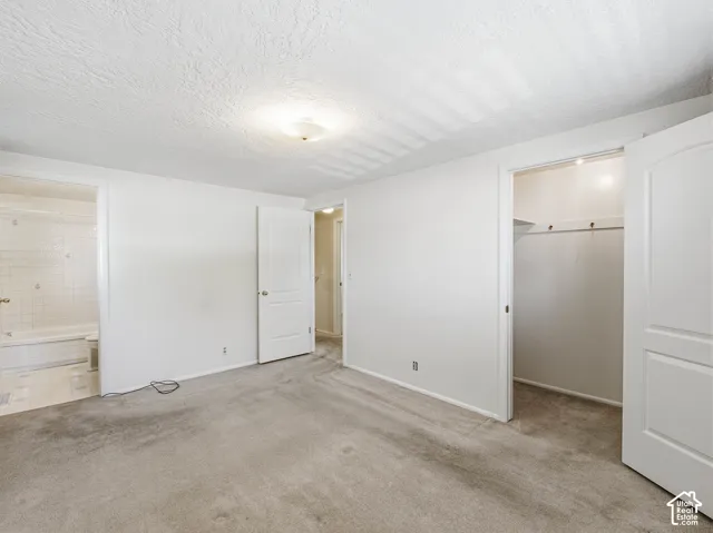 Carpeted flooring, a flush-mount ceiling light, and an open closet with shelving and hanging rod