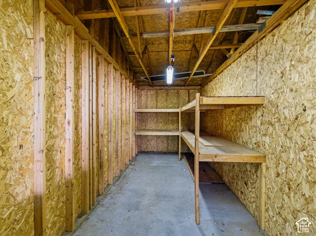 Storage area featuring exposed wood framing, oriented strand board walls, concrete flooring, built-in wood shelving, and a fluorescent light fixture