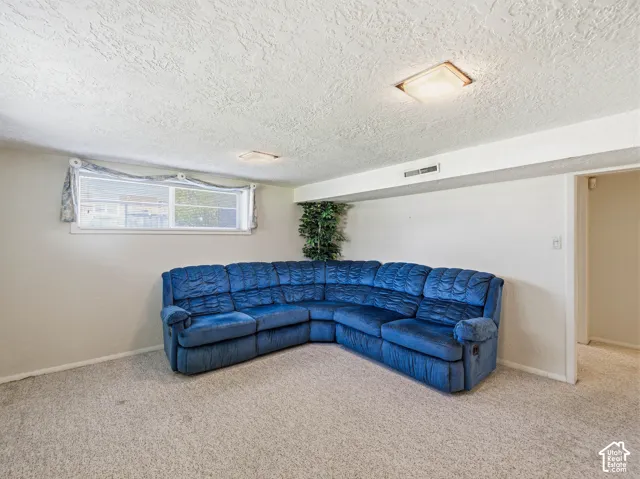 Recessed window, textured ceiling, light-colored carpeting, two ceiling-mounted light fixtures, and a wall-mounted register SOFA & decorative plant CAN STAY if buyer wants