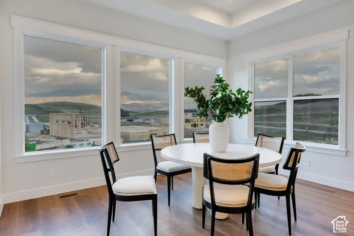 Tray ceiling, wood-finish flooring, and expansive windows featuring mountain scenery