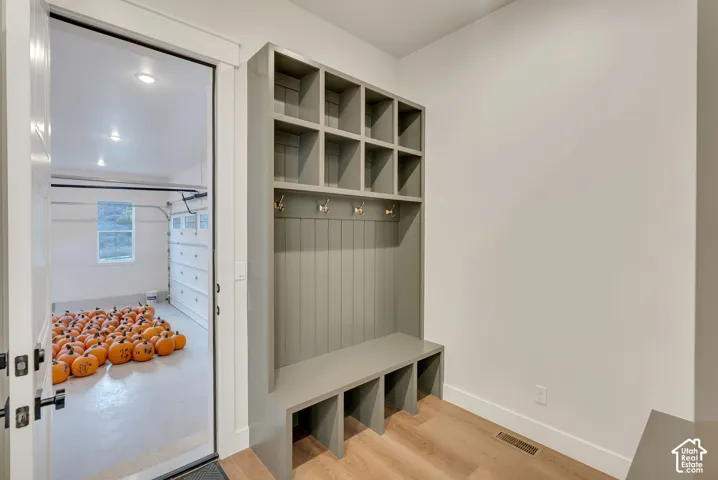 Built-in mudroom cabinetry featuring vertical shiplap detailing, overhead storage cubbies, and integrated metal hooks, complemented by wood-finish flooring