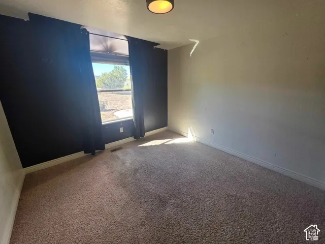 Room featuring neutral wall-to-wall carpeting, a large window with exterior landscape exposure, and a flush-mount ceiling light fixture