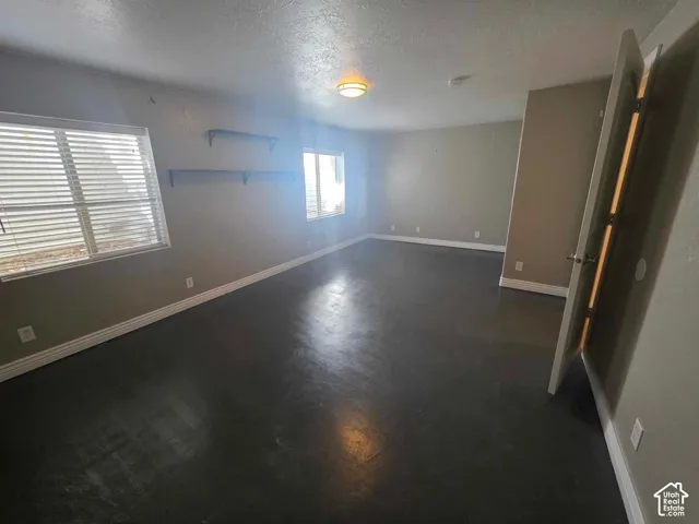 Interior space featuring dark-toned flooring, neutral wall paint, two windows with horizontal blinds, and dual wall-mounted shelving units