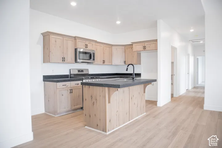 Terrific kitchen with stained wood cabinets, granite slab countertops, gas range, dishwasher, microwave and disposal.
