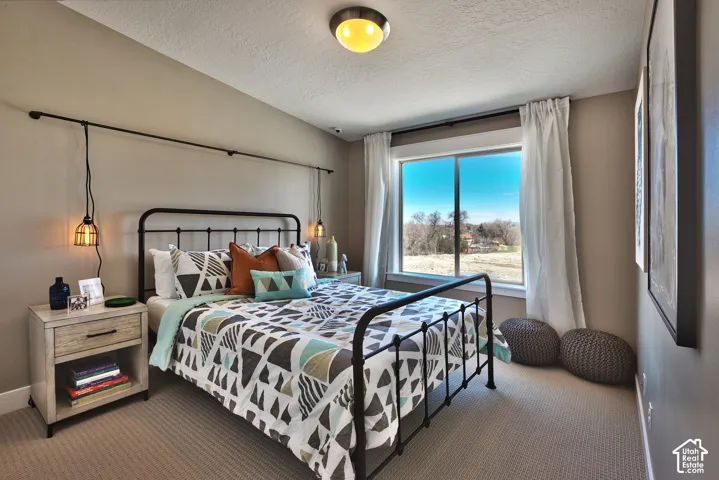 Neutral-toned room featuring a wide window with exterior landscape exposure, carpeted flooring, and wall-mounted industrial-style pendant lighting