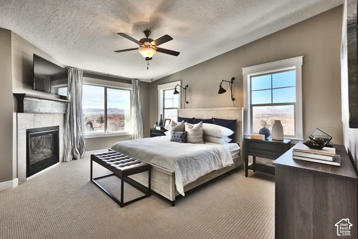 Fireplace with a stone-finish surround and rustic wood mantel, ceiling fan with integrated lighting, wall-mounted adjustable sconces, multi-pane windows, and neutral carpeting
