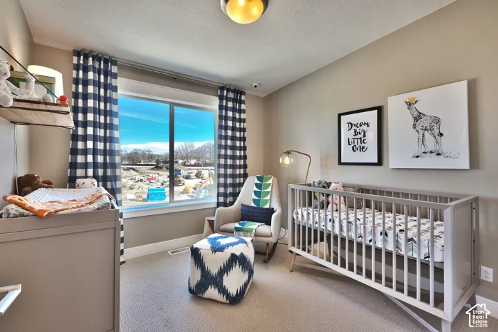 Large picture window with mountain backdrop, neutral-toned wall paint, and carpeted flooring