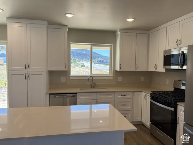 Kitchen featuring shaker-style cabinetry, solid-surface countertops, stainless steel appliances, a large island, and recessed lighting