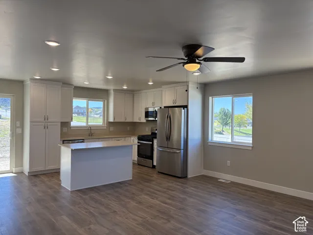 Kitchen featuring white shaker-style cabinetry, quartz countertops, stainless steel appliances, wood-finish flooring, and recessed lighting