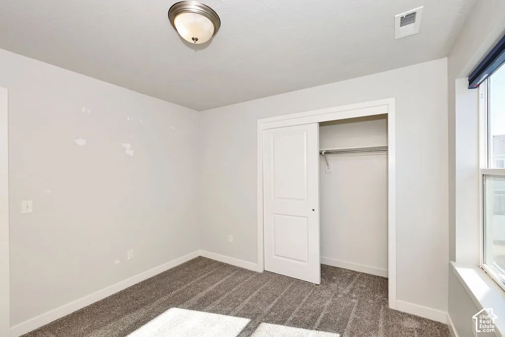 Neutral-toned carpeted flooring, sliding panel closet door, metal closet rod, and flush-mount ceiling lighting