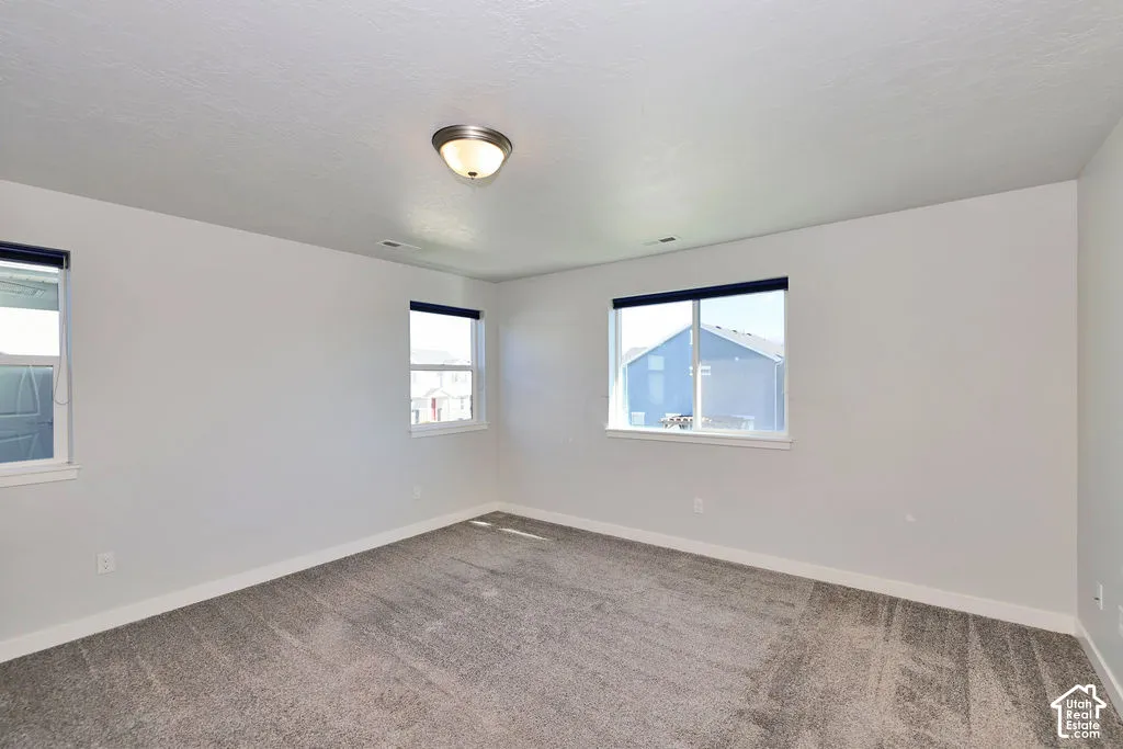 Neutral interior space featuring textured carpeting, light-toned walls, and multiple sliding windows with dark-finish frames and integrated overhead lighting