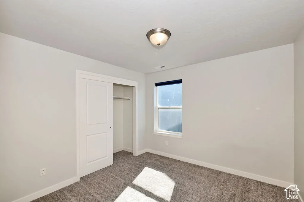Neutral-toned carpeted flooring, sliding-door closet, single-pane window, and flush-mount ceiling light fixture