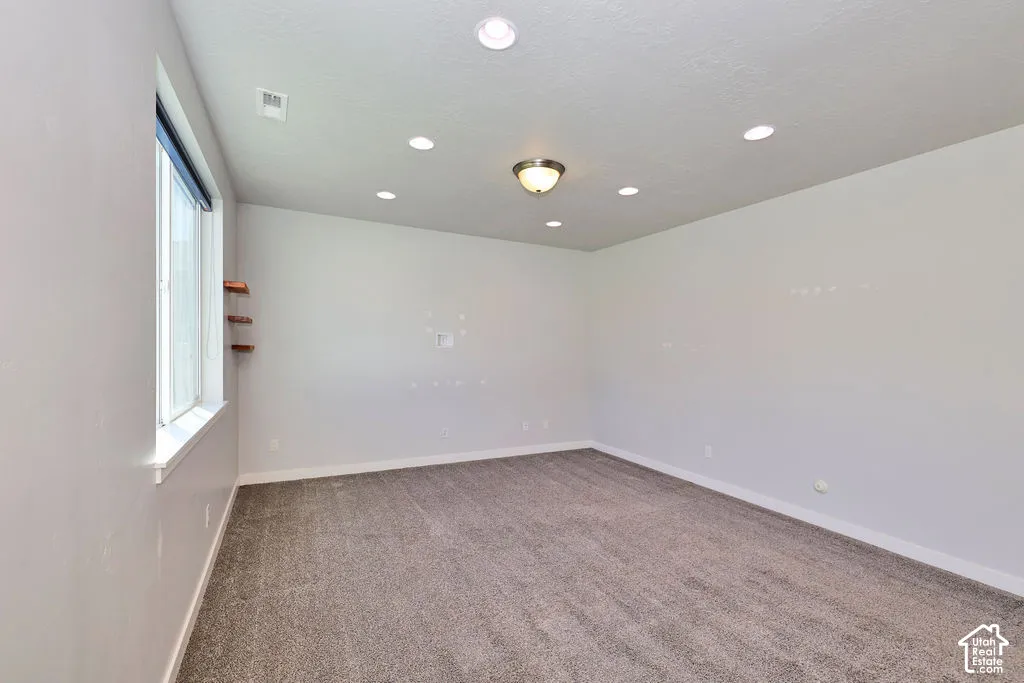 Neutral-toned carpeted flooring, recessed lighting, central flush-mount light fixture, and large window with mounted shelving