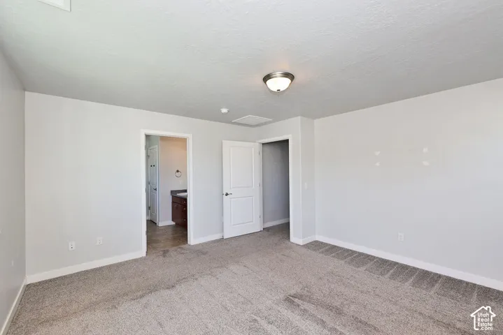 Neutral-toned interior space featuring wall-to-wall carpeting, crisp white interior doors, and a flush-mount ceiling light fixture