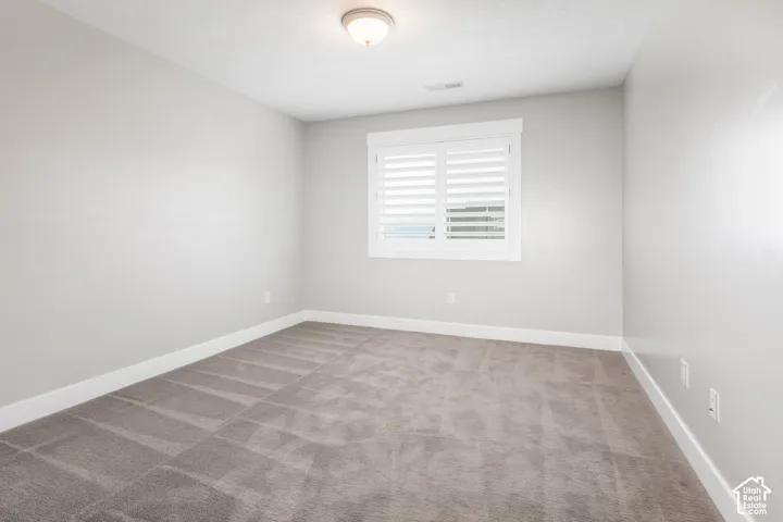 Neutral-toned bedroom featuring plush wall-to-wall carpeting, crisp white window trim, and plantation shutters