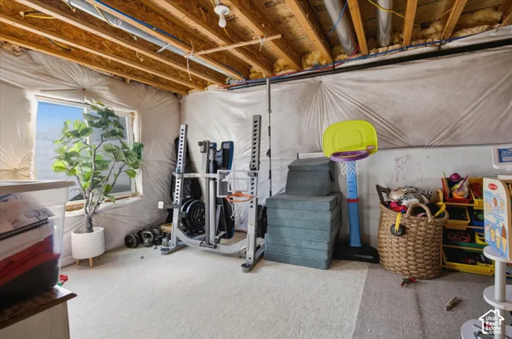 Unfinished interior space featuring exposed wood ceiling joists, carpeted flooring, and a sliding window