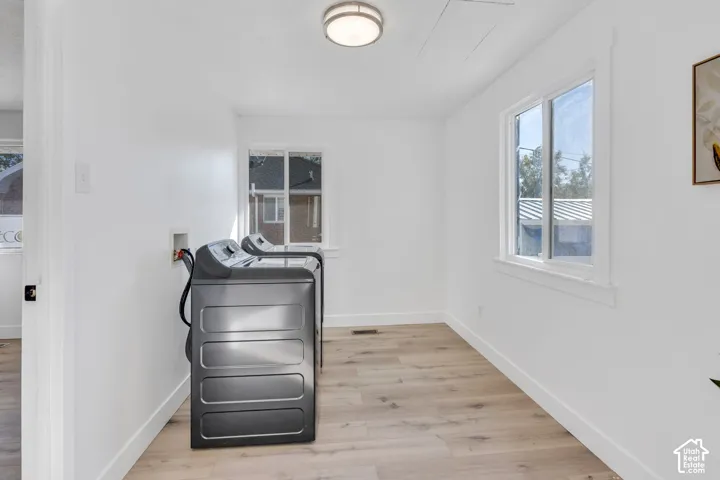 Utility room featuring wood-finish flooring, dual windows, and ceiling-mounted dome lighting