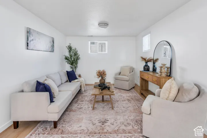 Neutral interior space featuring wood-finish flooring, crisp white walls, dual windows, and a flush-mount ceiling light fixture