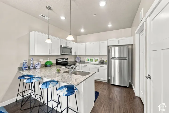 Kitchen featuring white shaker-style cabinetry, stone-finish countertops, stainless steel appliances, wood-finish flooring, and pendant lighting