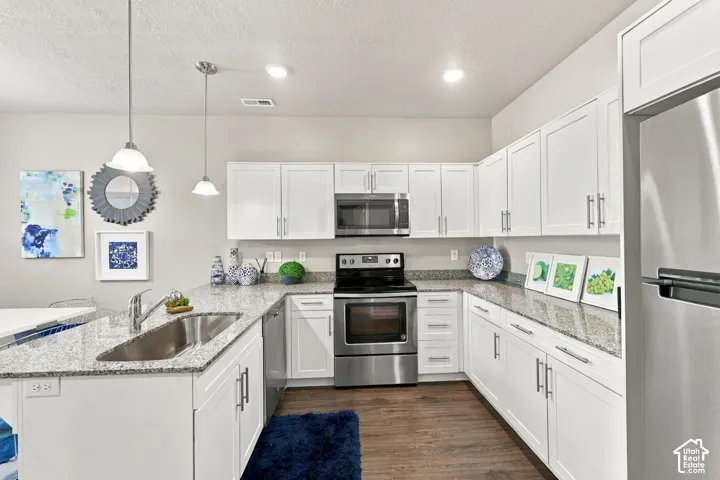 Kitchen featuring white cabinetry, stone-finish countertops, stainless steel appliances, wood-finish flooring, and dual hanging pendant lights