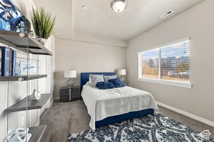 Room featuring neutral wall tones, plush carpeting, a recessed ceiling detail, and a large window with horizontal blinds