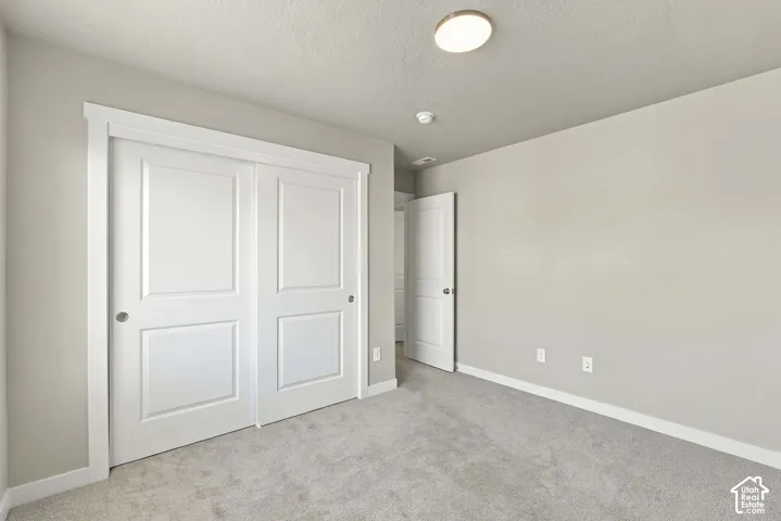 Neutral-toned interior featuring wall-to-wall carpeting, white two-panel sliding closet doors, and a flush-mount ceiling light fixture