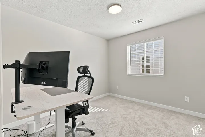 Neutral-toned room featuring neutral carpeting, a large window with integrated blinds, and a flush-mount overhead light fixture