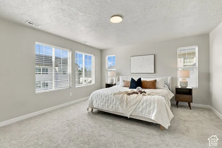 Spacious room featuring neutral carpeting, light-toned walls, and multiple windows with horizontal blinds